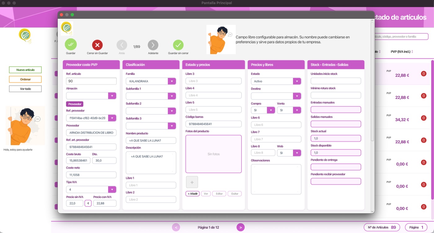 Ficha de un artículo nuevo en SigPyme, ya rellenada con los datos leídos del albarán: proveedor, referencia, coste bruto, descuento, coste neto y tipo de IVA
