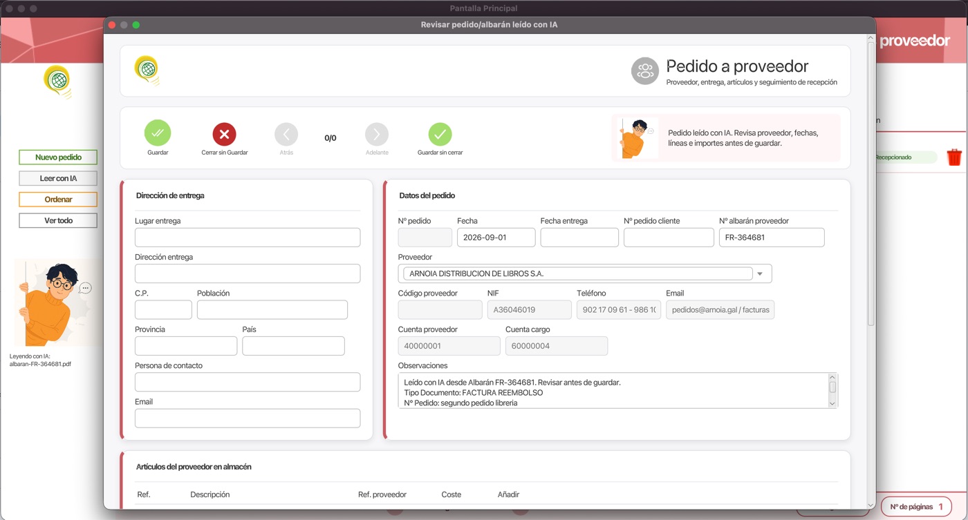Ficha «Pedido a proveedor» de SigPyme rellenada tras la lectura con IA: dirección de entrega, número de pedido, fecha, proveedor, NIF, teléfono, email y cuentas contables