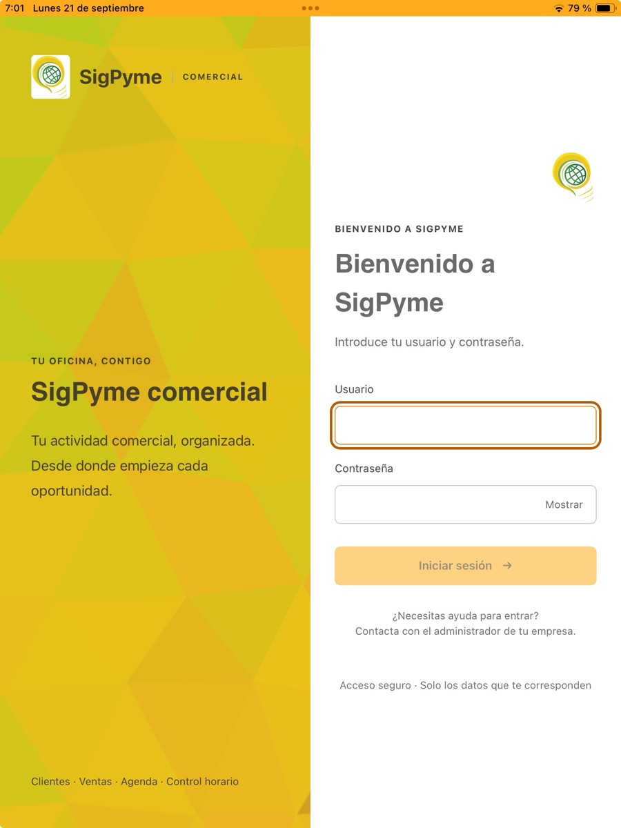 Pantalla de acceso de SigPyme Comercial en un iPad: «Tu oficina, contigo», con usuario, contraseña y el botón Iniciar sesión