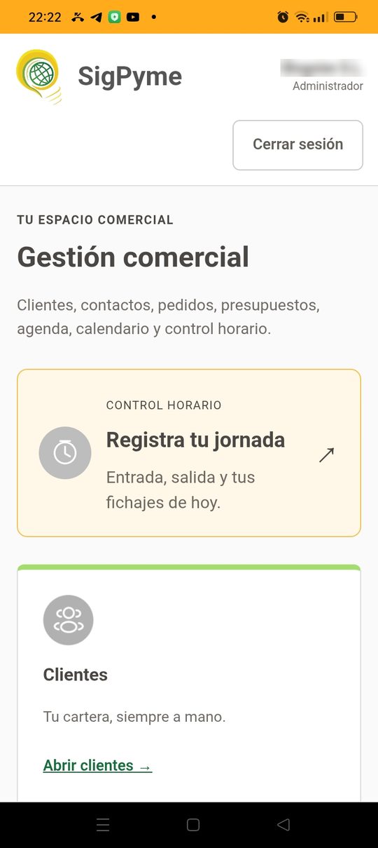 El mismo panel de SigPyme Comercial en un móvil Android, con el acceso a control horario y a clientes